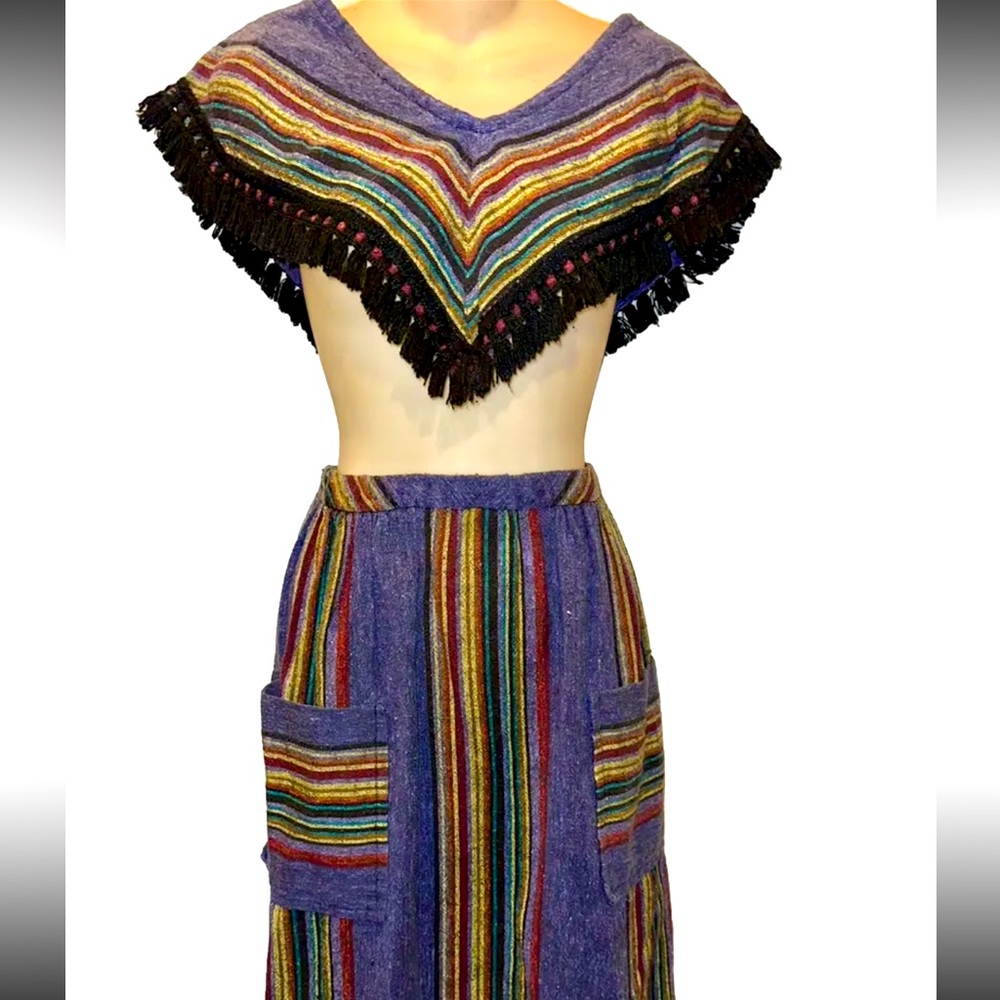Purple Multicolor Striped Women's Skirt Set with Fringe Poncho